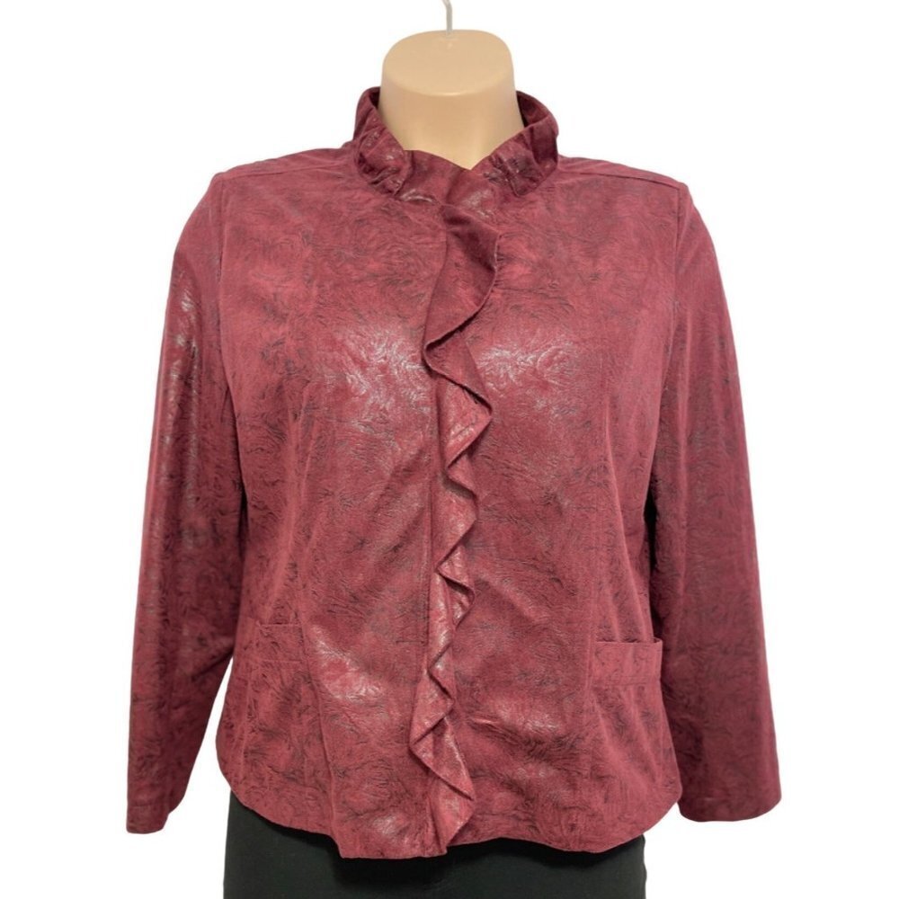 ELEMENTZ Maroon Suede-Feel Embossed Jacket Women's XL Full Zip Ruffle Metallic - Picture 5 of 15
